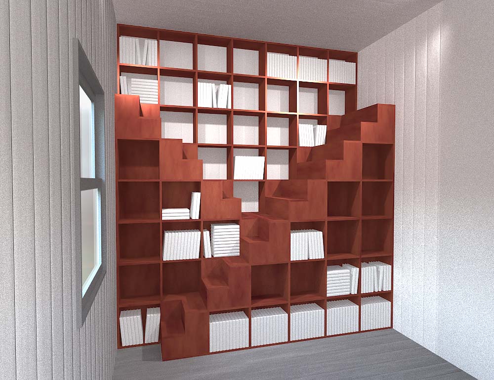 eye level perspective render of bookcase in context
