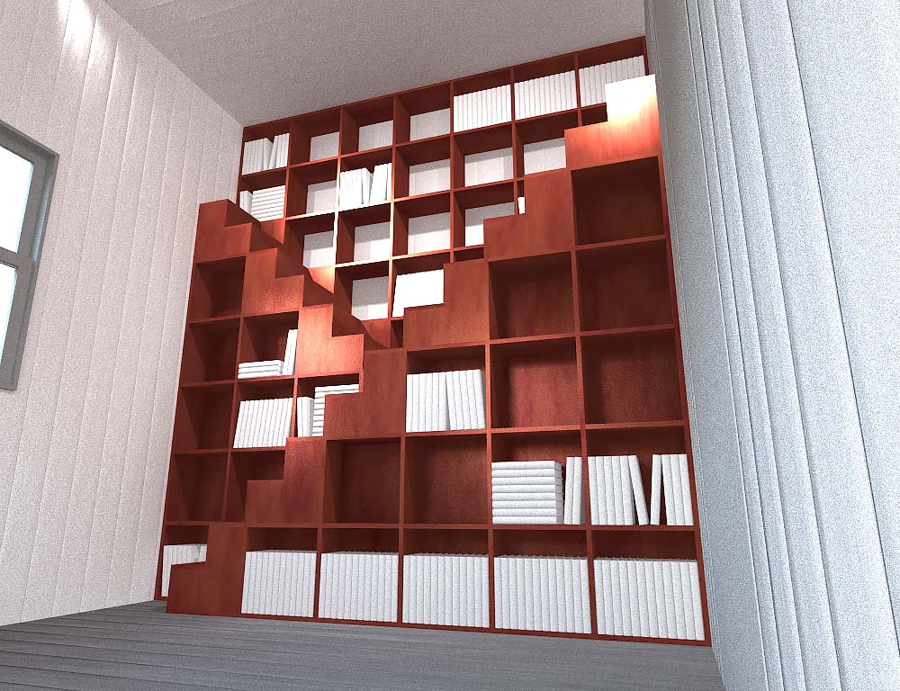 low perspective render of bookcase in context