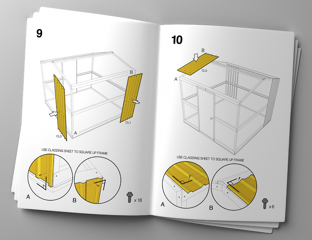 orthographic view of swing door shed instruction manual spread