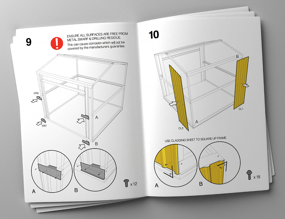 orthographic view of roller door shed instruction manual spread